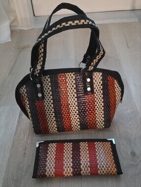 Artisanal Multi-Stripe Woven Satchel Bag With Matching Wallet